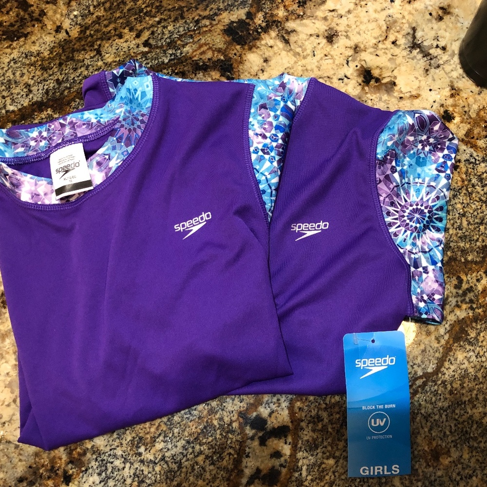 NEW Set of 2 Speedo Girls 16 Rash Guard Swim TWINS XL Purple Blue Sisters